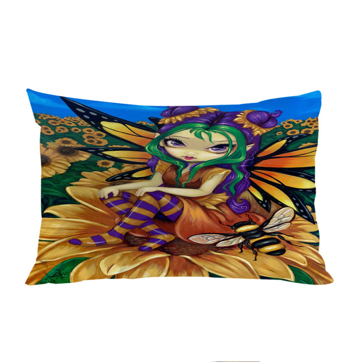 Pillow Cases with Cute Fairy and Bee Sitting on a Sunflower