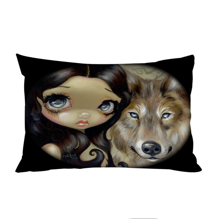 Pillow Cases with Dark Haired Beautiful Girl and Silver Eyed Wolf