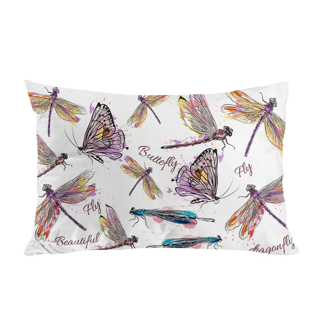 Pillow Cases with Drawing of Butterflies and Dragonflies