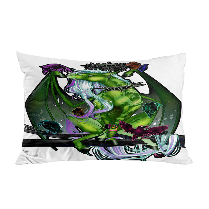 Pillow Cases with Fantasy Art Green Dragon and Crows