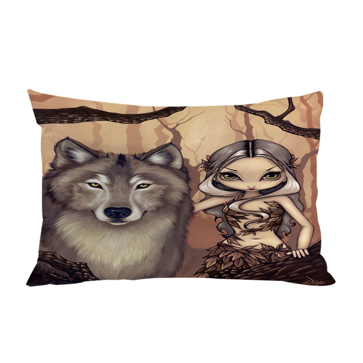 Pillow Cases with Forest Elf Girl and Her Wolf