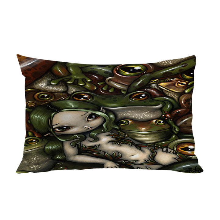 Pillow Cases with Green Haired Nature Girl Bed of Frogs