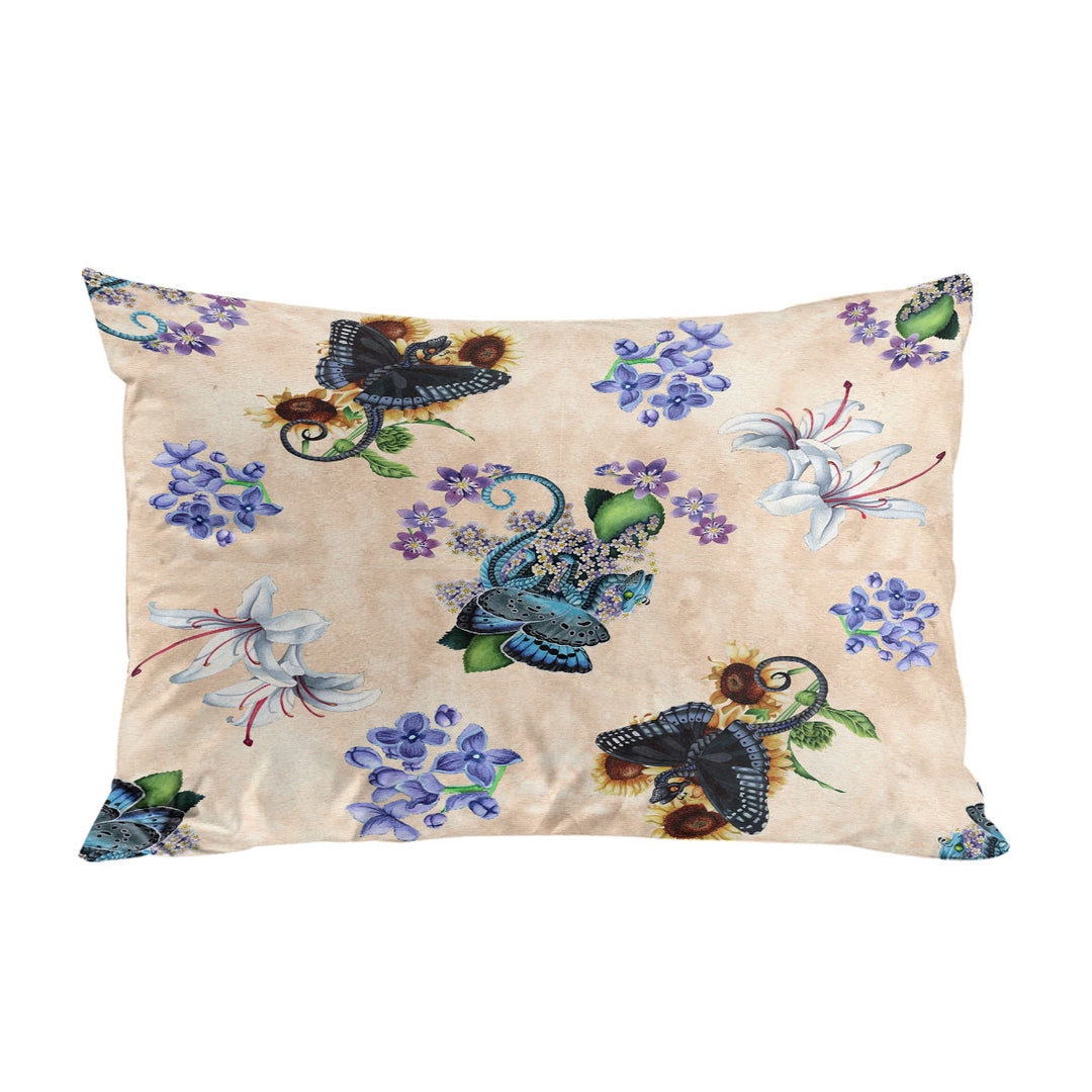 Pillow Cases with White Purple Flowers and Butterflies Dragons