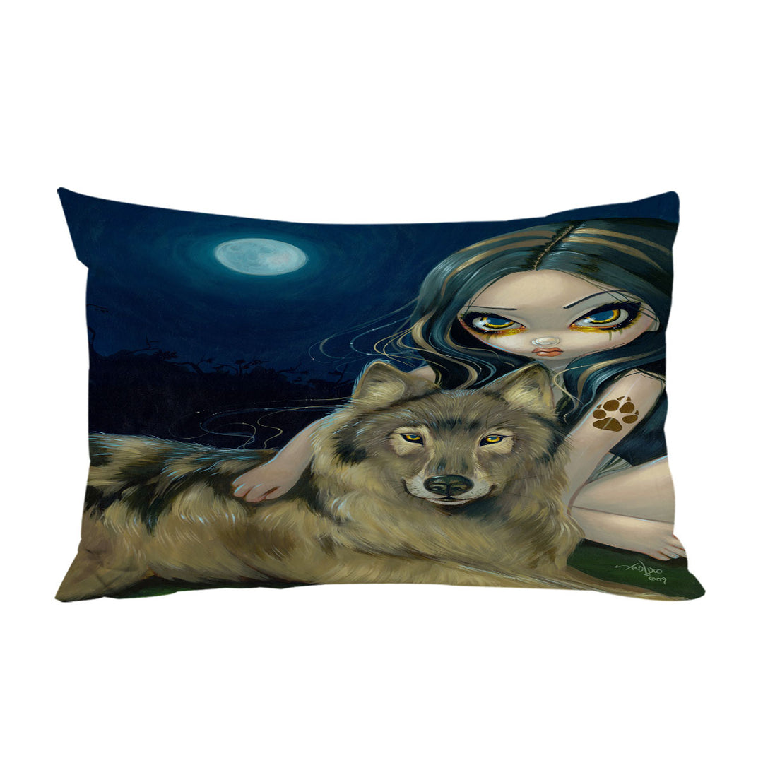 Pillow Cases with Wolf Moon Beautiful Girl Sitting with Her Wolf