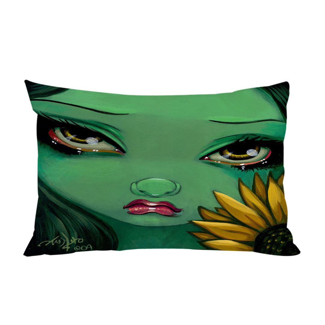 Pillowcase with Faces of Faery _19 Green Girl with Sunflower