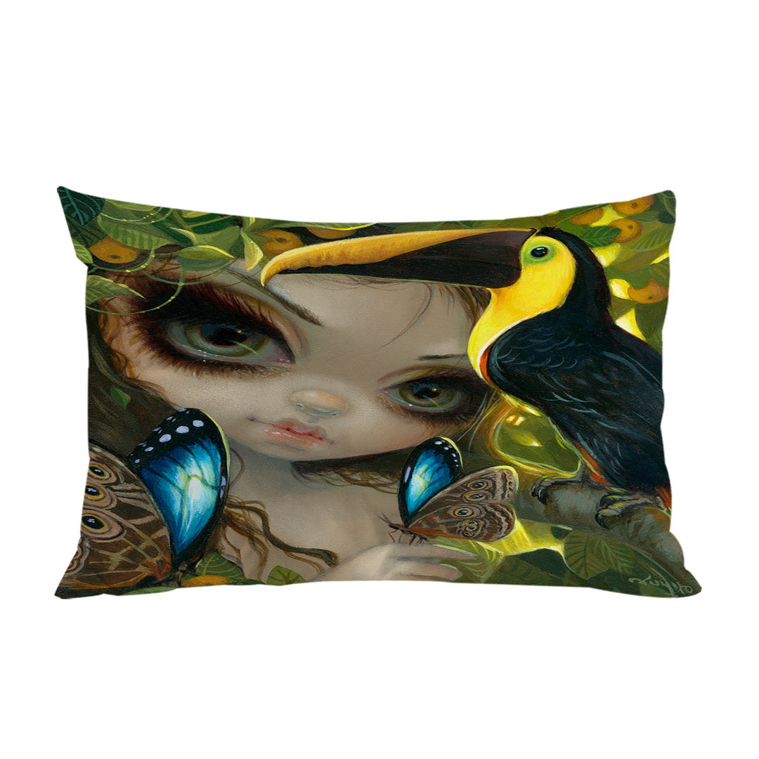 Pillowcase with Faces of Faery _236 Tropical Girl and Her Toucan