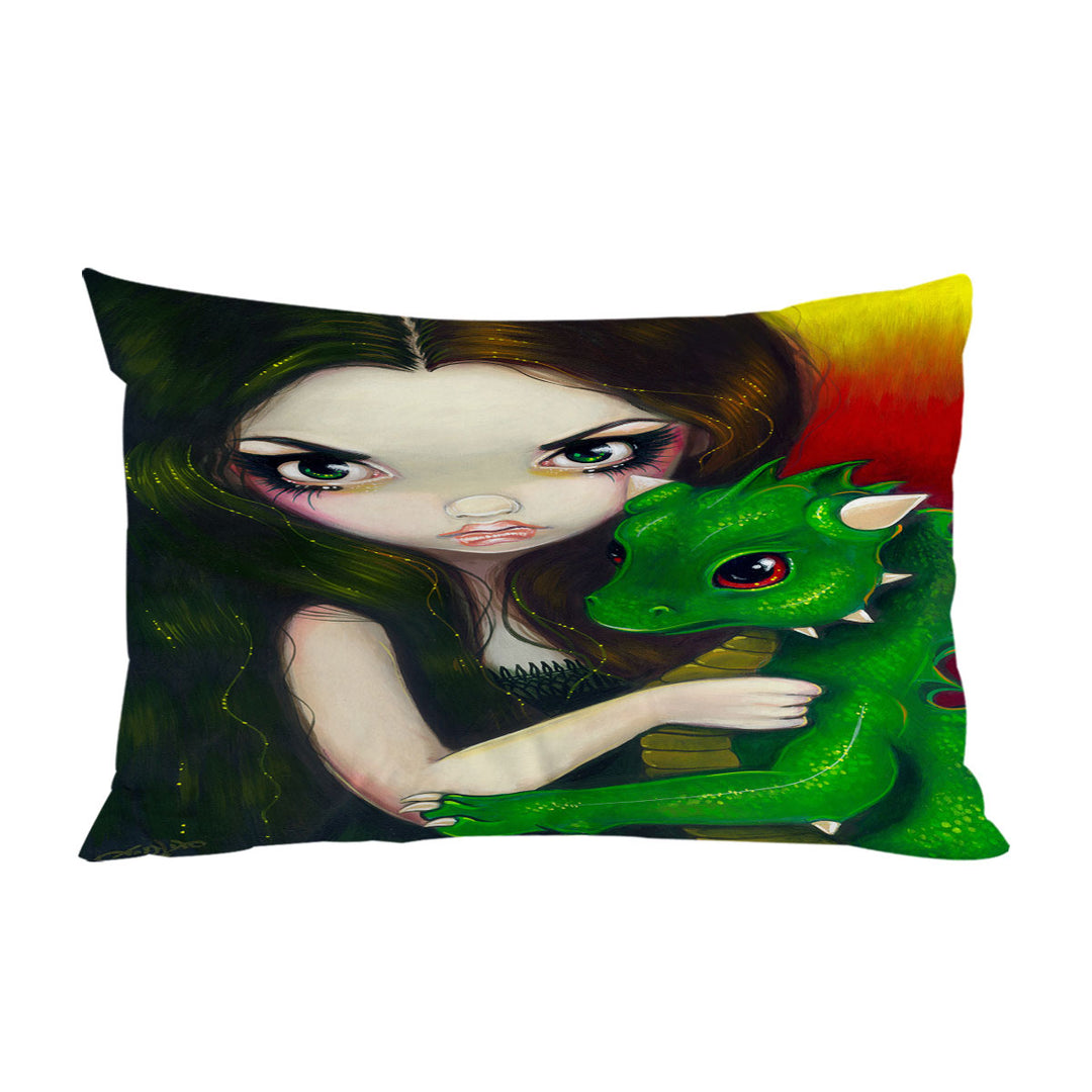 Pillowcase with Fantasy Art Girl and Baby Green Dragon