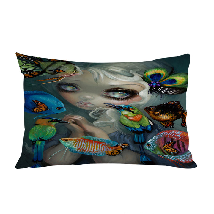 Pillowcase with Fine Art Flying Fish Beautiful Girl and Birds