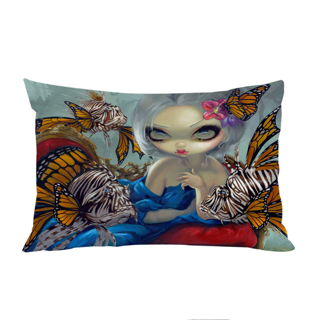 Pillowcase with Fine Art Flying Fish Beautiful Girl and Lionfish