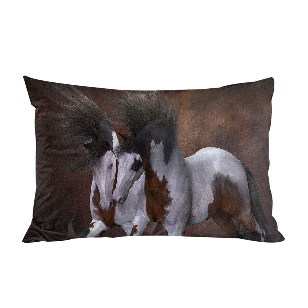 Pillowcase with Horse Art Two Young White Brown Pinto Horses