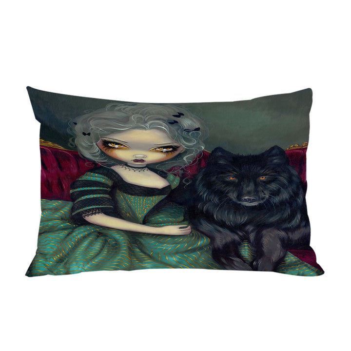 Pillowcase with Loup Garou Beautiful Gothic Lady and Black Wolf