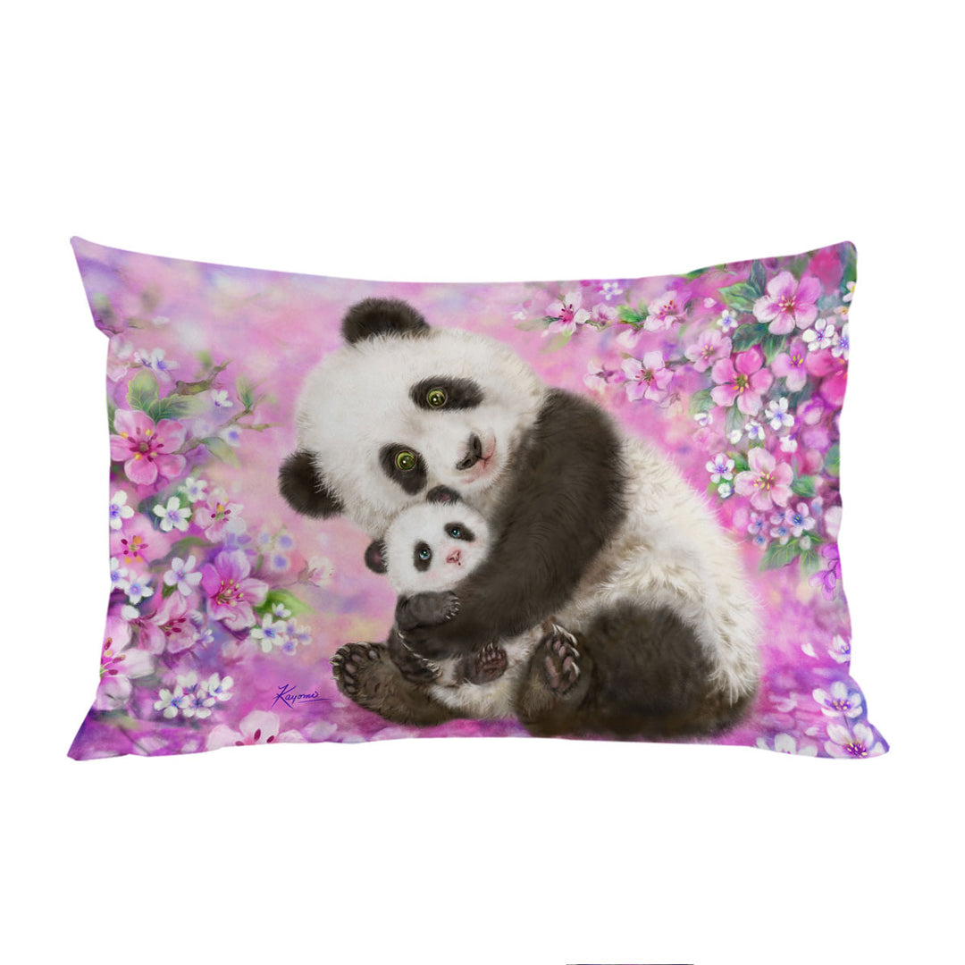 Pillowcase with Pinkish Flowers Panda Mom and Baby