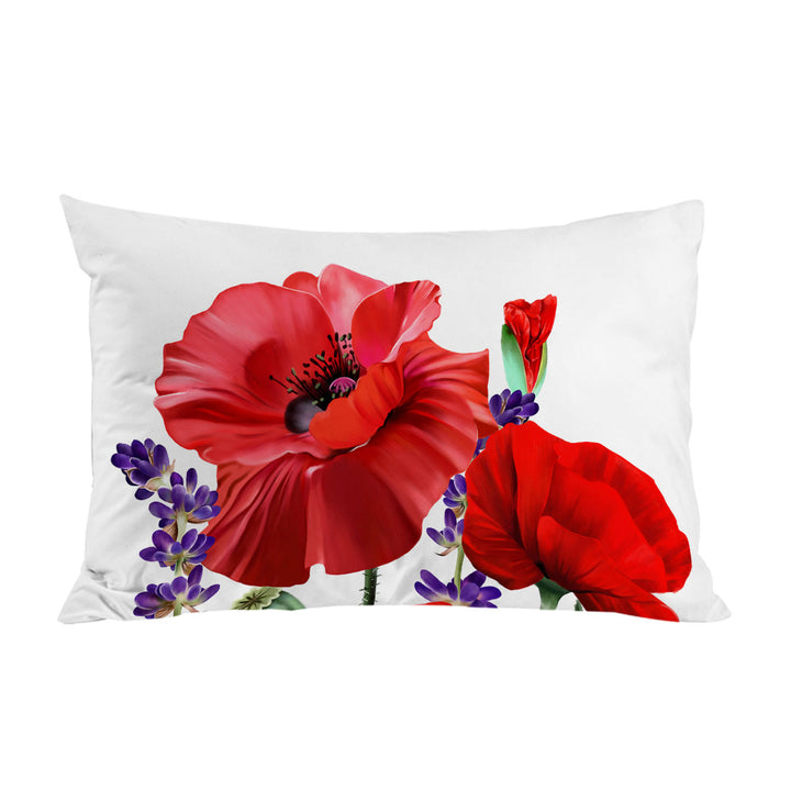 Pillowcase with Red Poppy and Purple Lavender Flowers