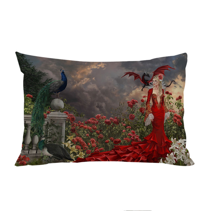 Pillowcase with Roses Garden Peacocks Dragon and Beautiful Red Dressed Woman