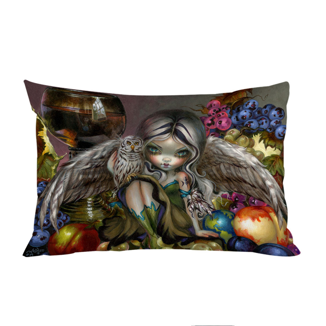 Pillowcase with Silent Wisdom Owl Angel Wine and Fruits