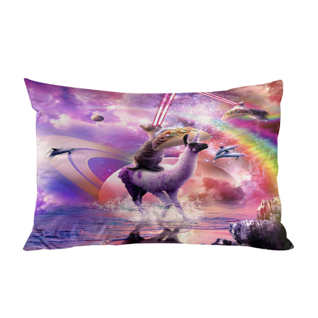 Pillowcase with Space Cat on Llama Unicorn Eating Taco Cool Art