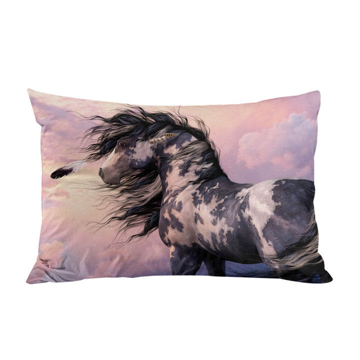 Pillowcase with Sunset Clouds behind Black and White Pinto Horse