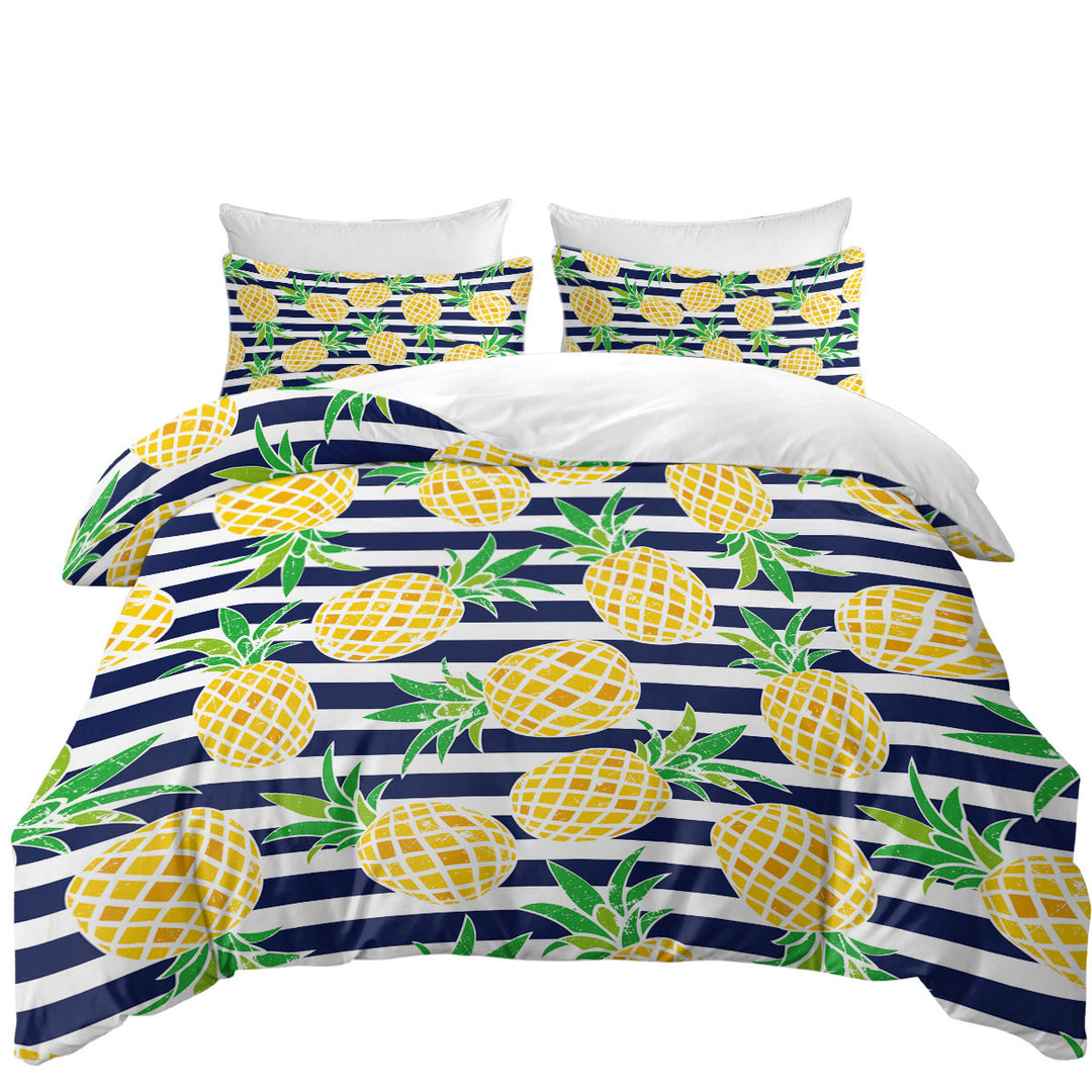 Pineapples over Blue Stipes Duvet Cover