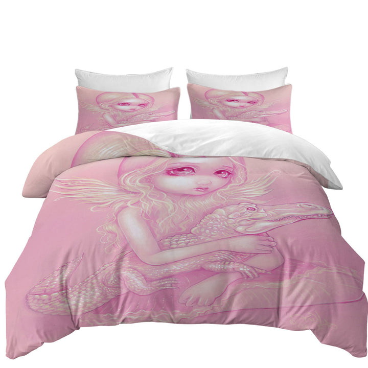 Pink Albino Alligator Angel King Duvet Cover set