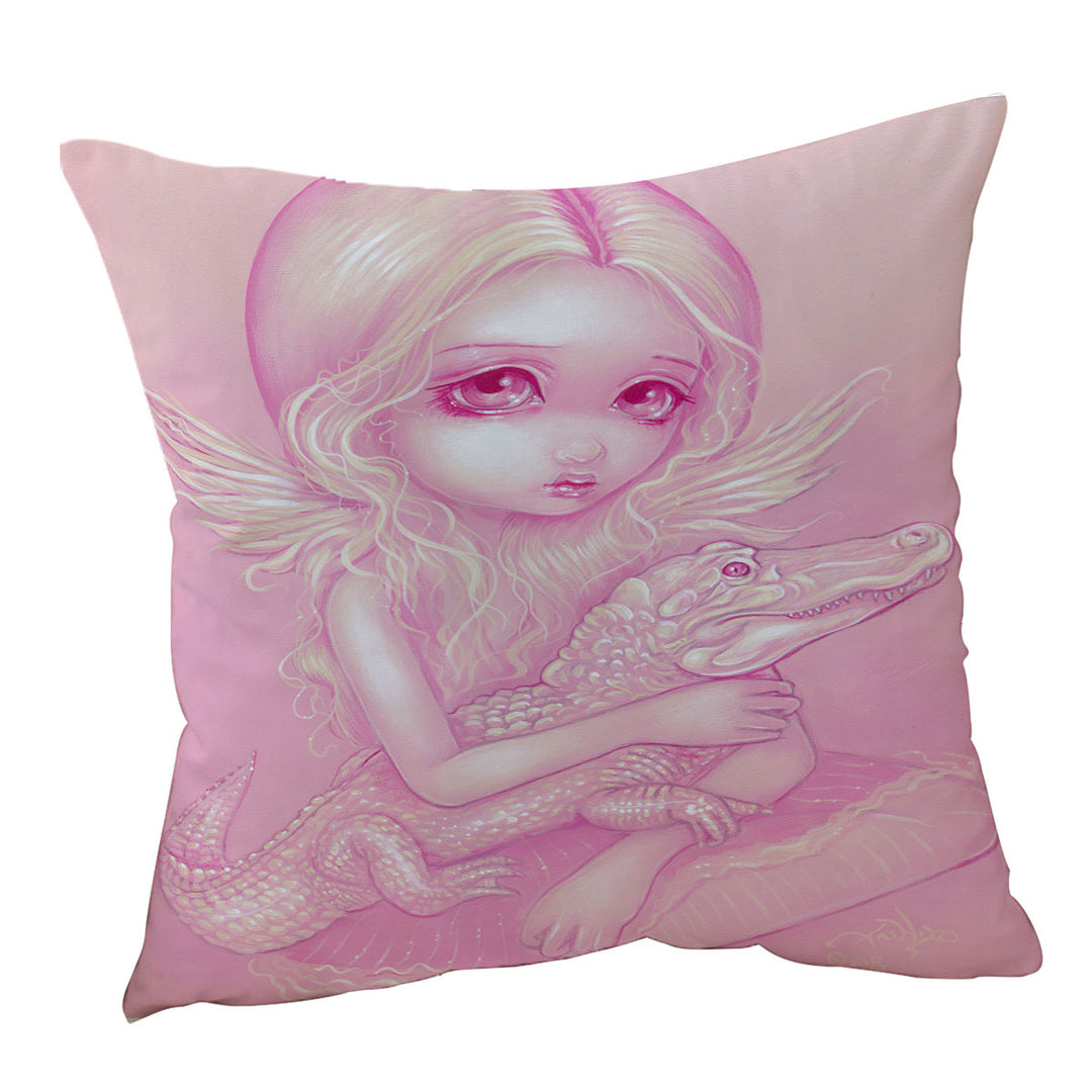 Pink Albino Alligator Angel Throw Pillows