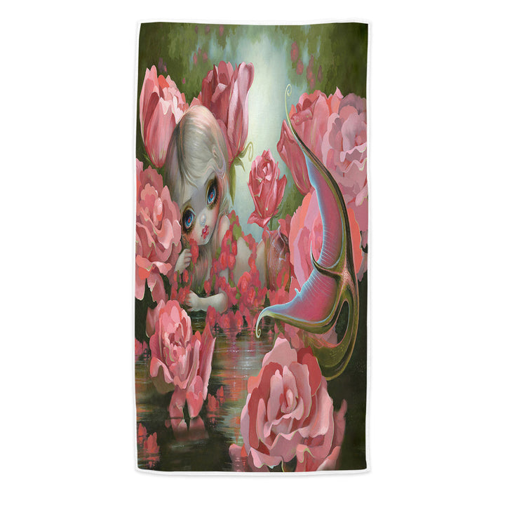 Pink Fantasy Art Mermaid with Roses Beach Towel