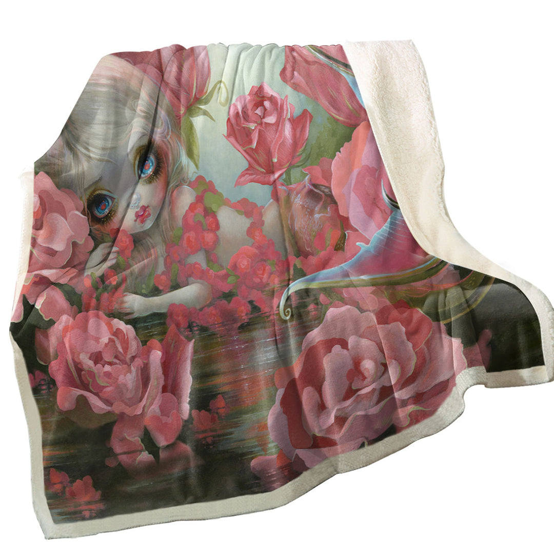 Pink Fantasy Art Mermaid with Roses Fleece Blankets