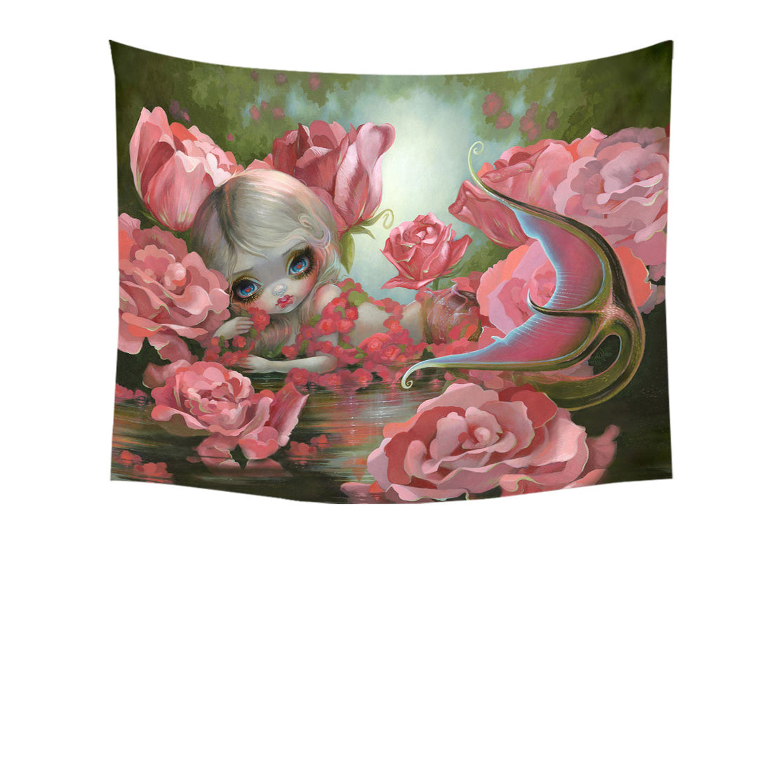 Pink Fantasy Art Mermaid with Roses Tapestry