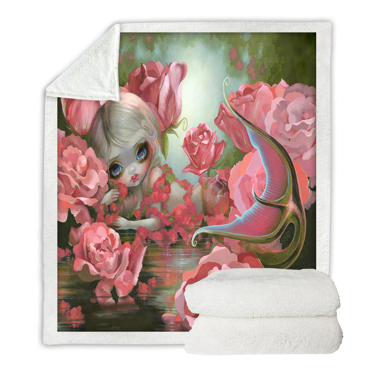 Pink Fantasy Art Mermaid with Roses Throw Blanket