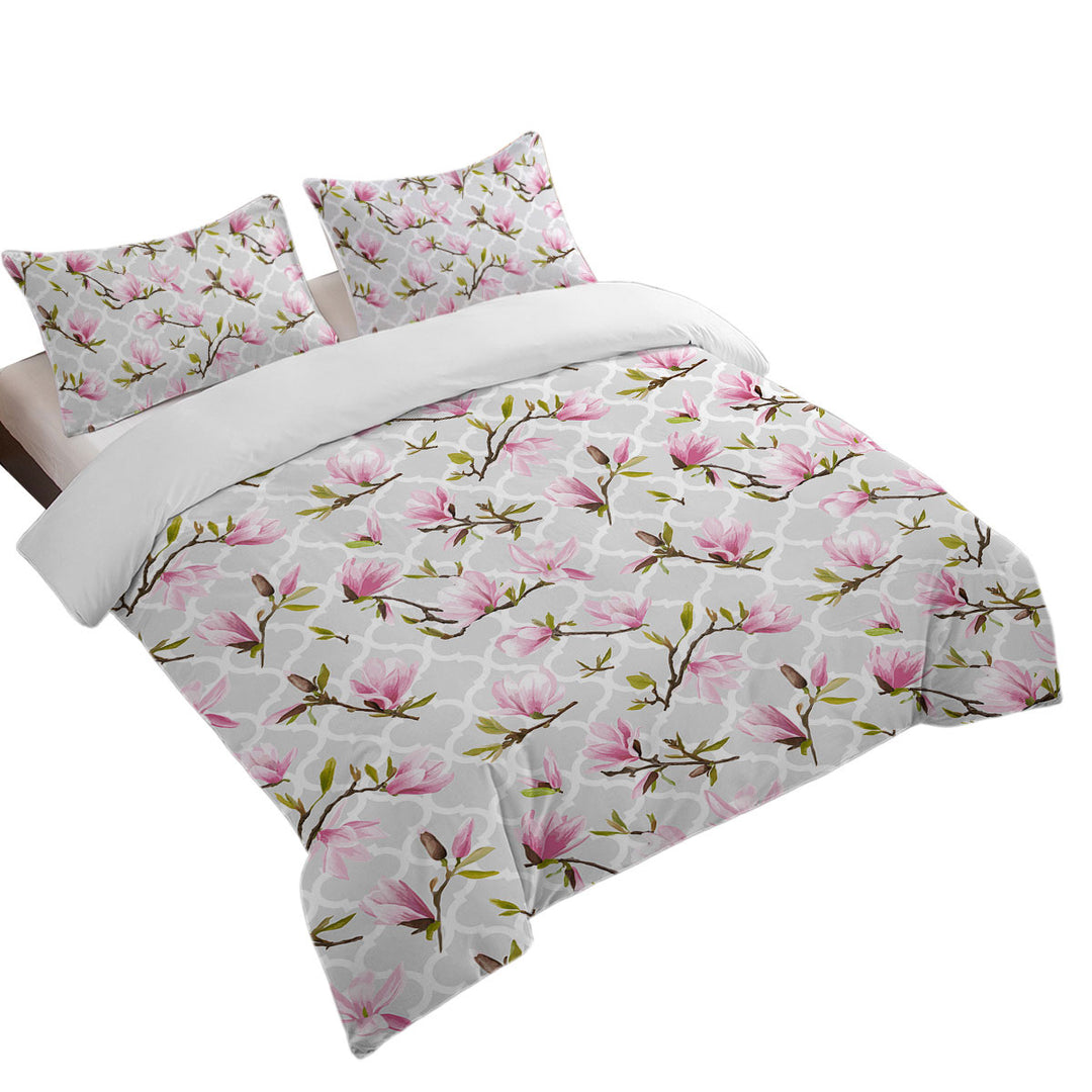 Pink Flowers Over Grey Moroccan Duvet Cover