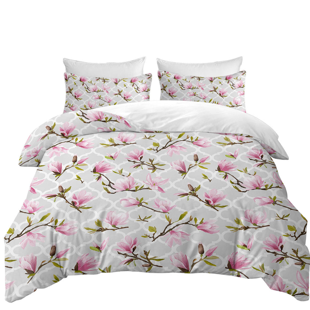 Pink Flowers Over Grey Moroccan Duvet Covers