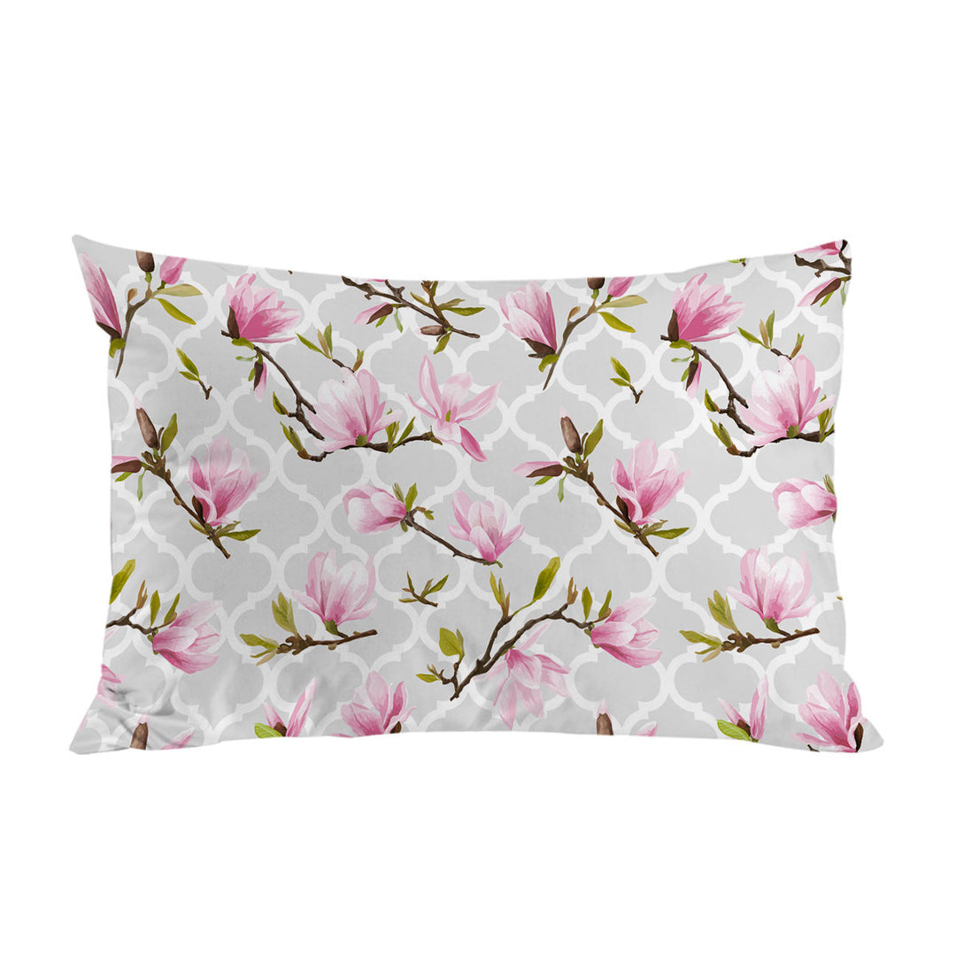 Pink Flowers Over Grey Moroccan Pillow Cases