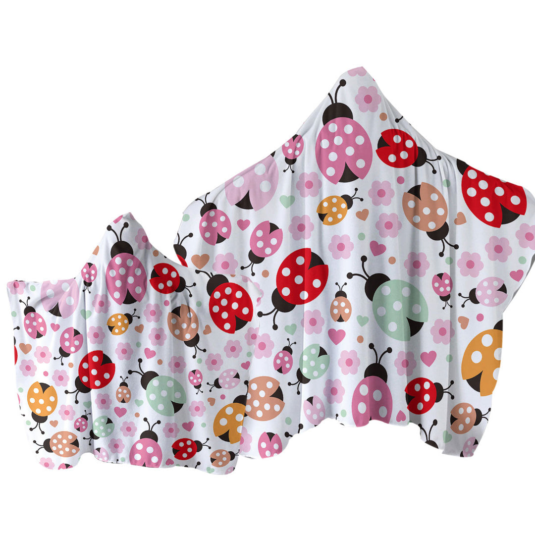 Pink Little Flowers and Ladybugs Hooded Beach Towel