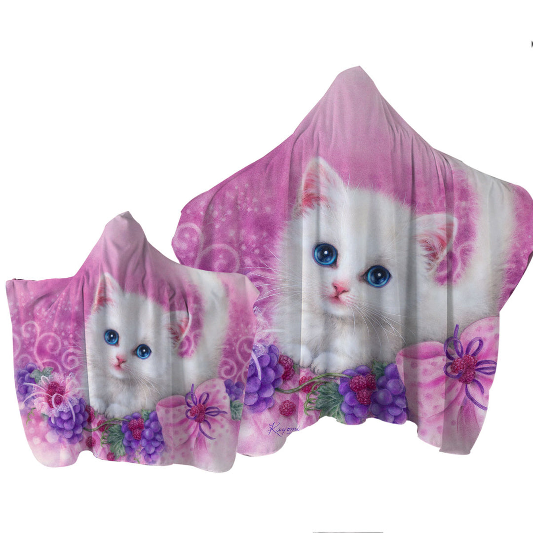 Pink Present White Kitten with Grapes Hooded Beach Towel