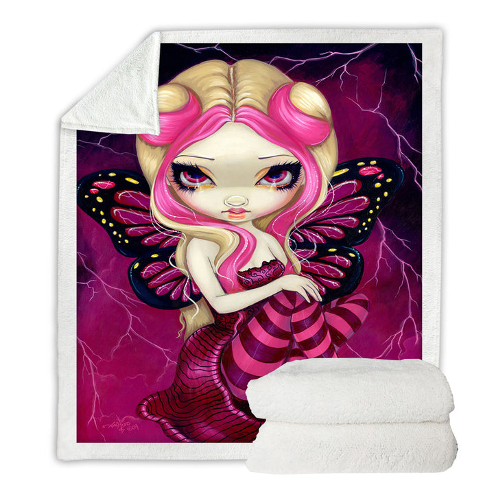 Pink Sherpa Blanket Lightning Storm Clouds Blond Fairy