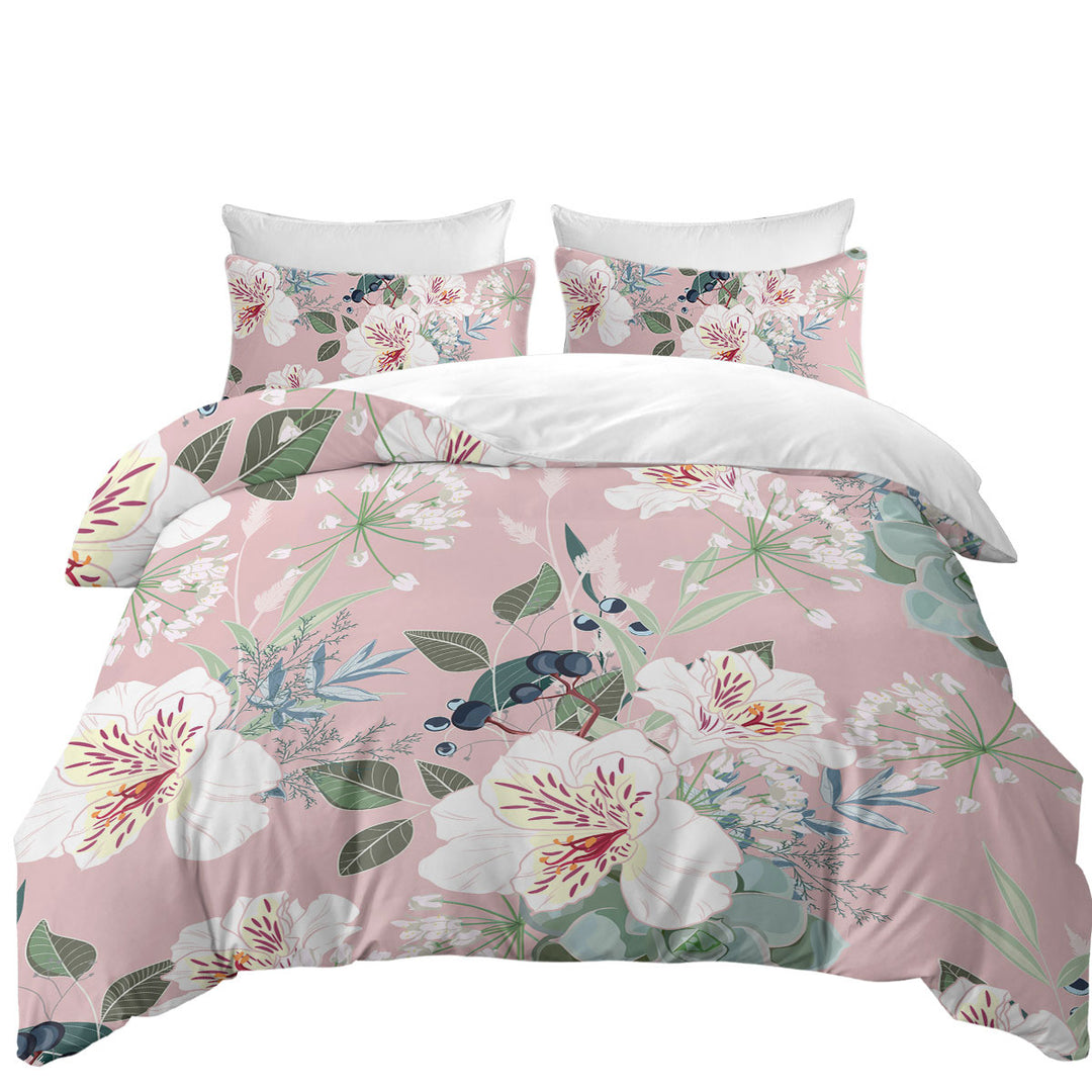 Pink under White Flowers Oversized King Duvet Cover