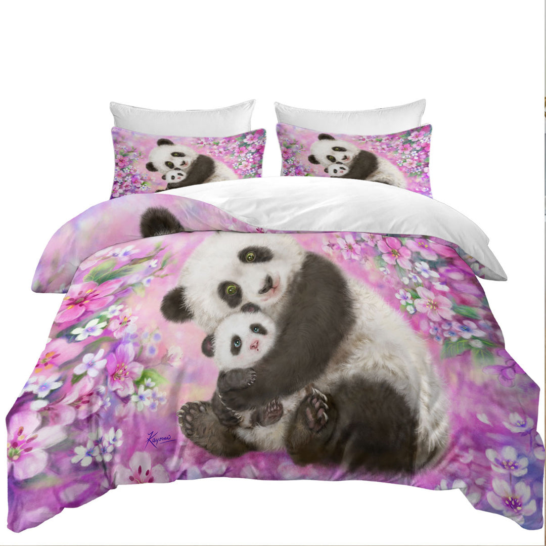 Pinkish Flowers Panda Mom and Baby Bed Covers