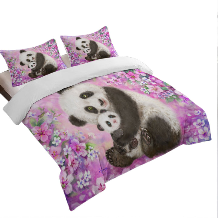 Pinkish Flowers Panda Mom and Baby Duvet Covers