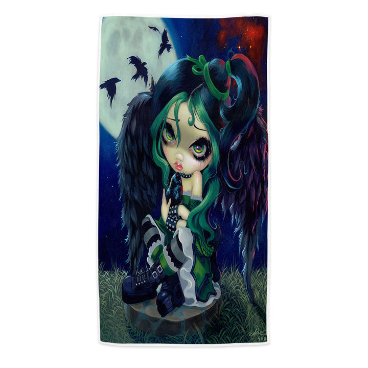 Poe Beach Towel The Raven Gothic Girl and Moon Ravens