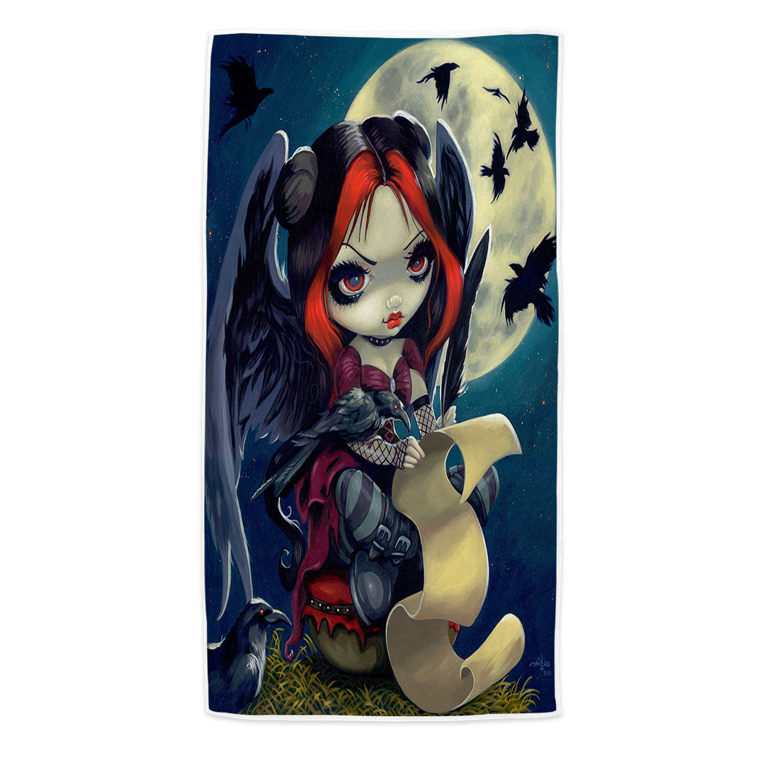 Poe Beach Towels The Raven Gothic Girl with Wings at Night