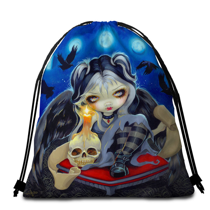 Poe Beach Towels and Bags Set the Raven Skull Candle and Dark Winged Girl