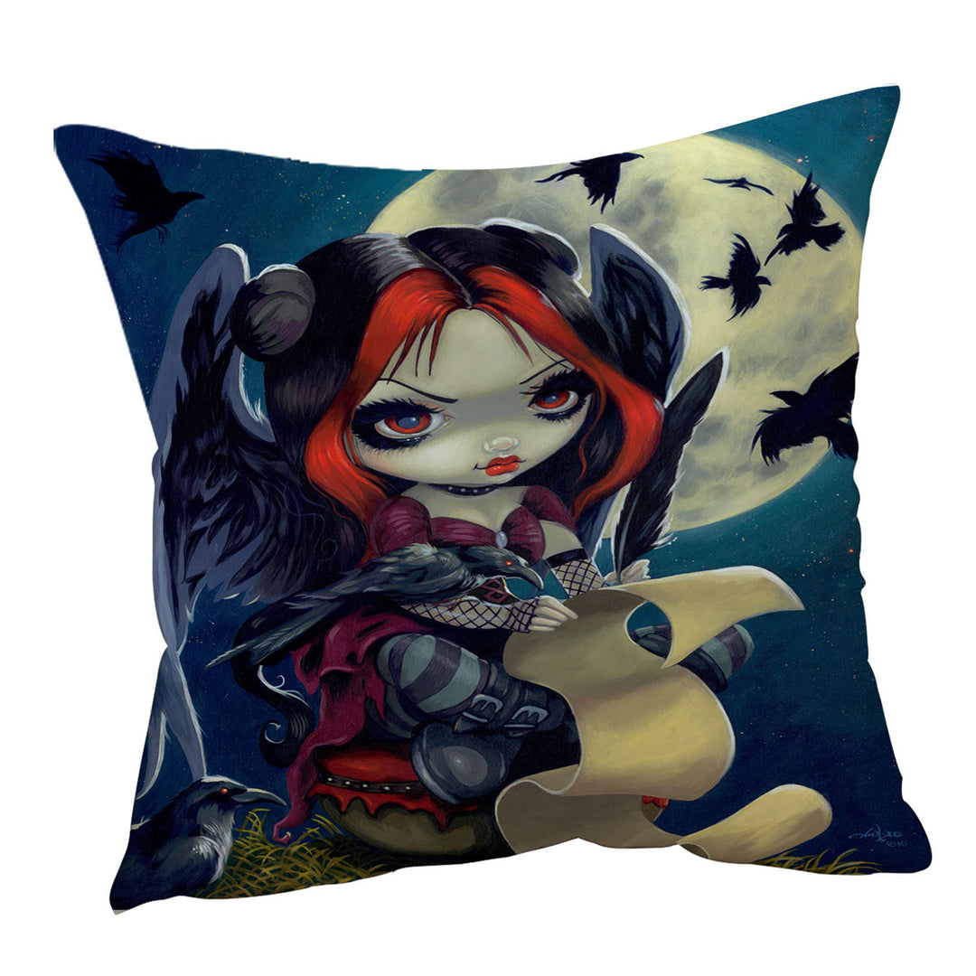 Poe Cushion Cover The Raven Gothic Girl with Wings at Night