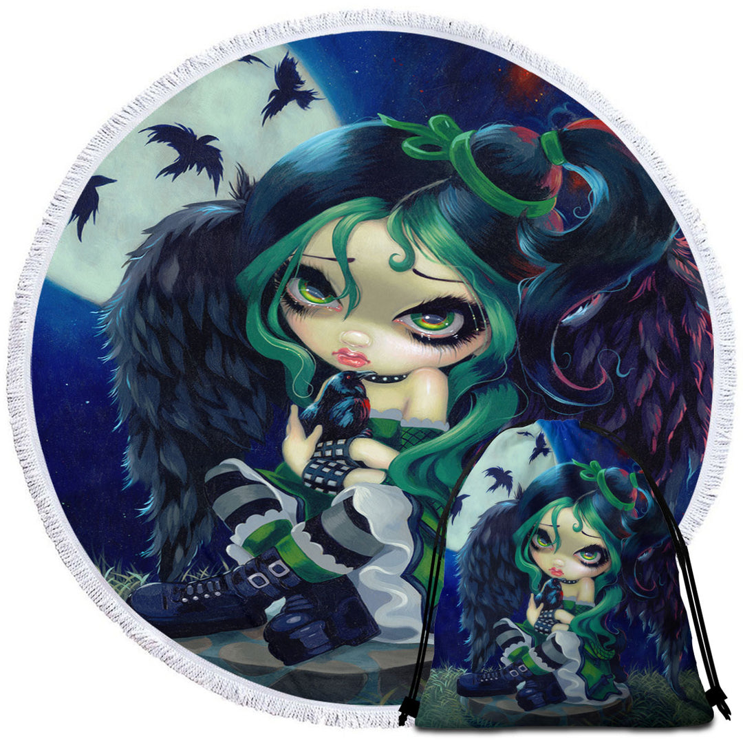 Poe Round Beach Towel The Raven Gothic Girl and Moon Ravens