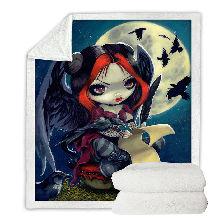 Poe Sherpa Blanket The Raven Gothic Girl with Wings at Night