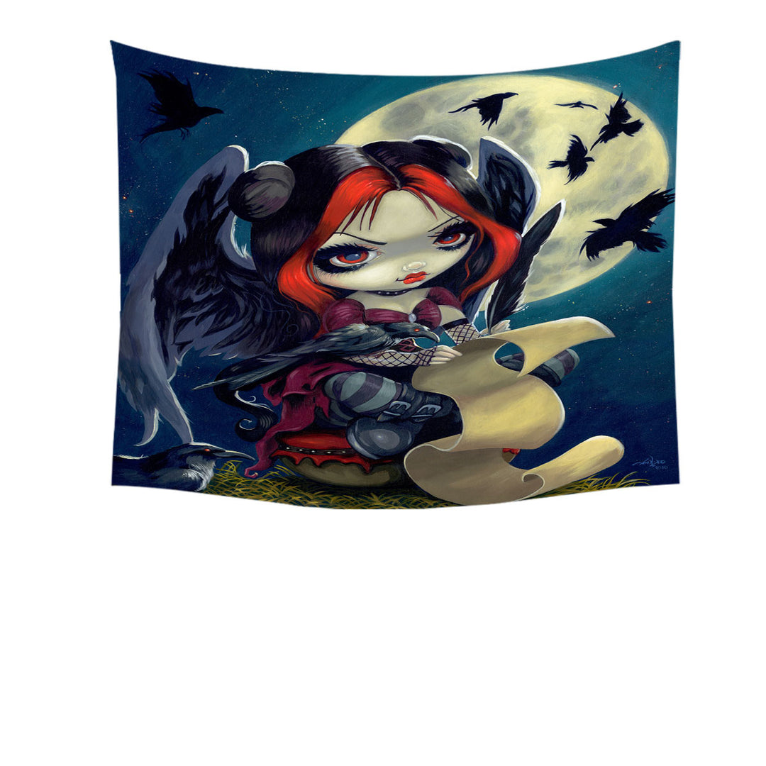 Poe Tapestry The Raven Gothic Girl with Wings at Night