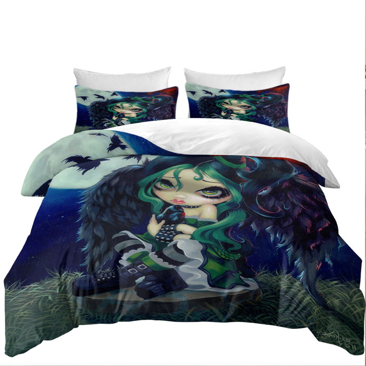 Poe The Raven Gothic Girl and Moon Ravens Duvet Cover sale