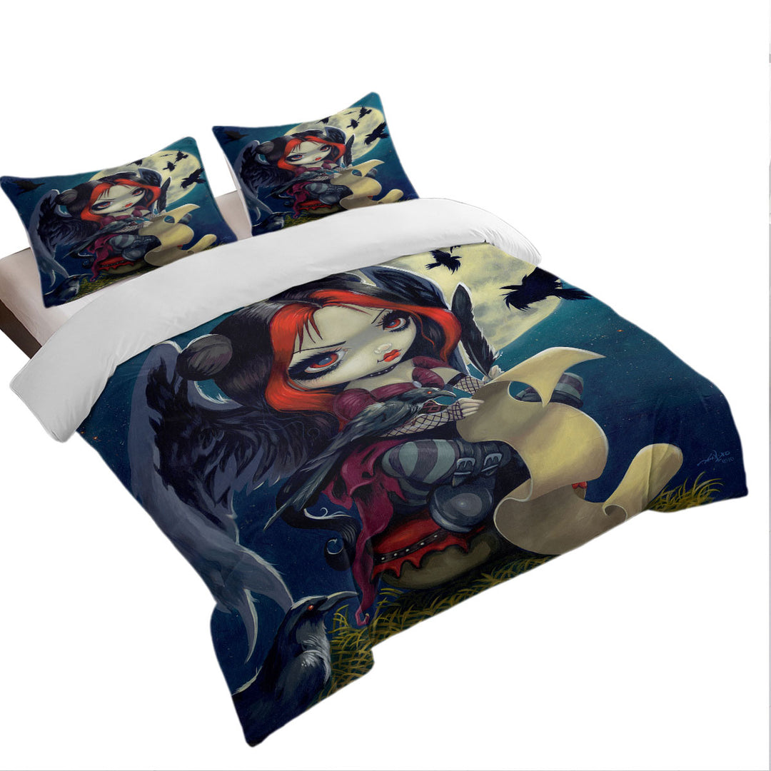 Poe The Raven Gothic Girl with Wings at Night Duvet Cover