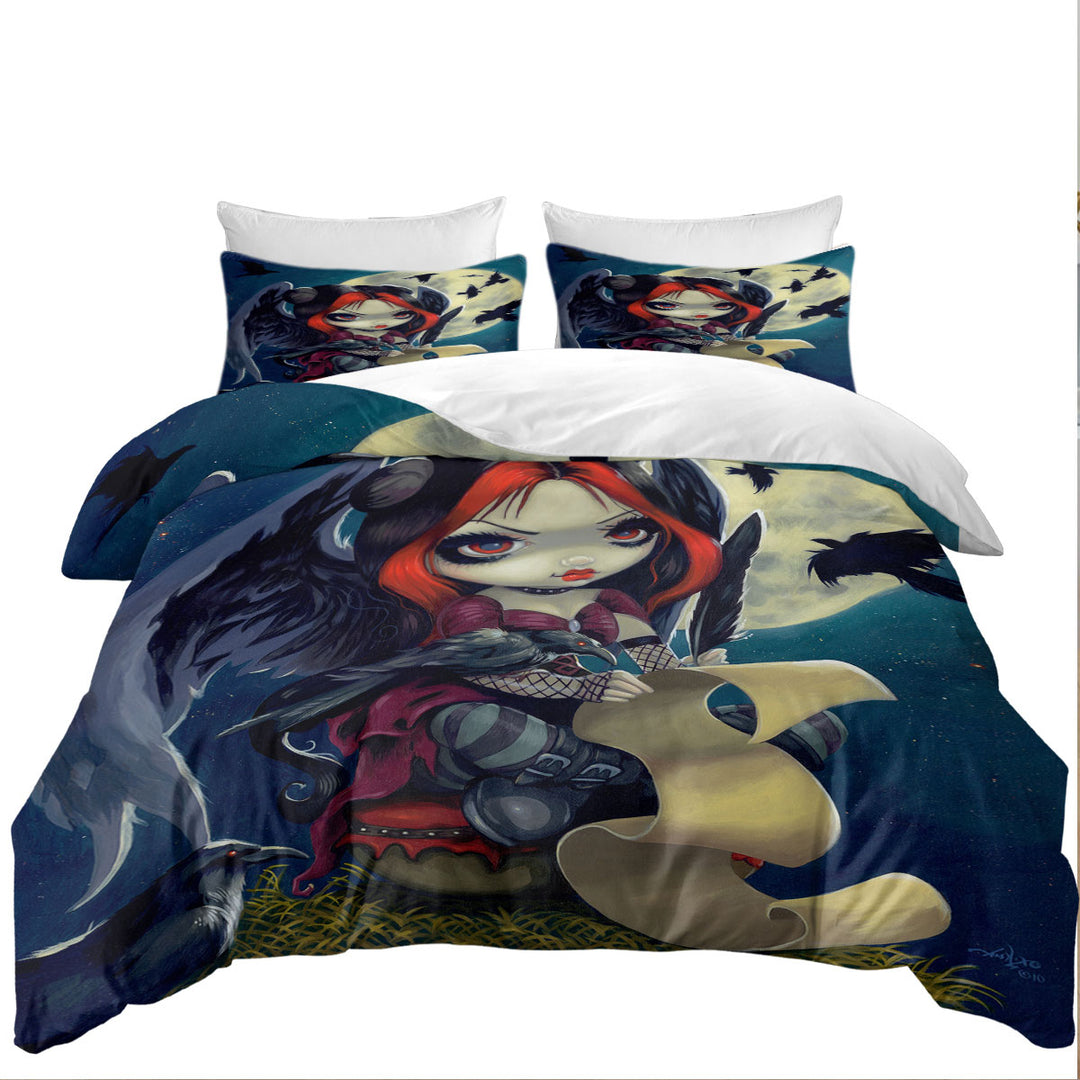 Poe The Raven Gothic Girl with Wings at Night Duvet Covers