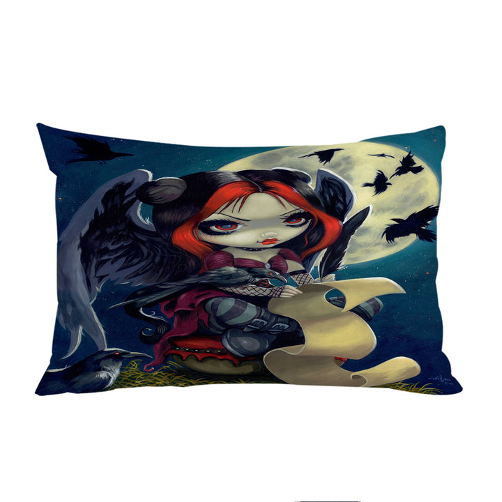 Poe The Raven Gothic Girl with Wings at Night Pillow Case Covers