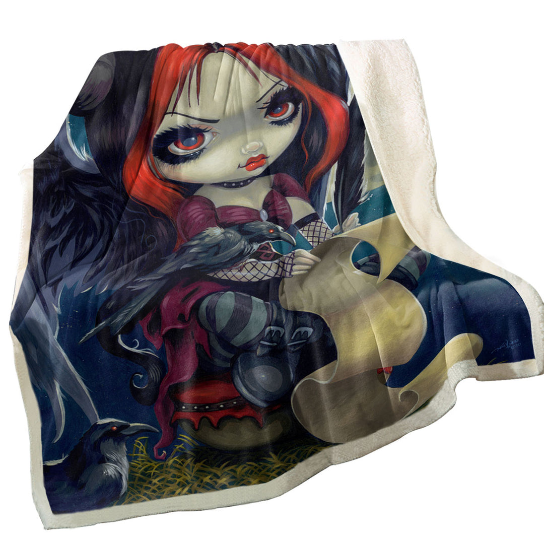 Poe Throw Blanket The Raven Gothic Girl with Wings at Night