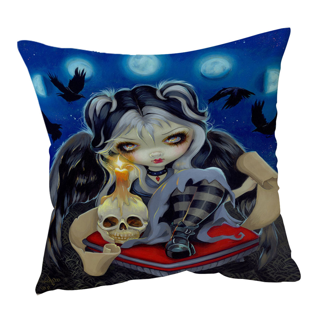 Poe Throw Pillows the Raven Skull Candle and Dark Winged Girl